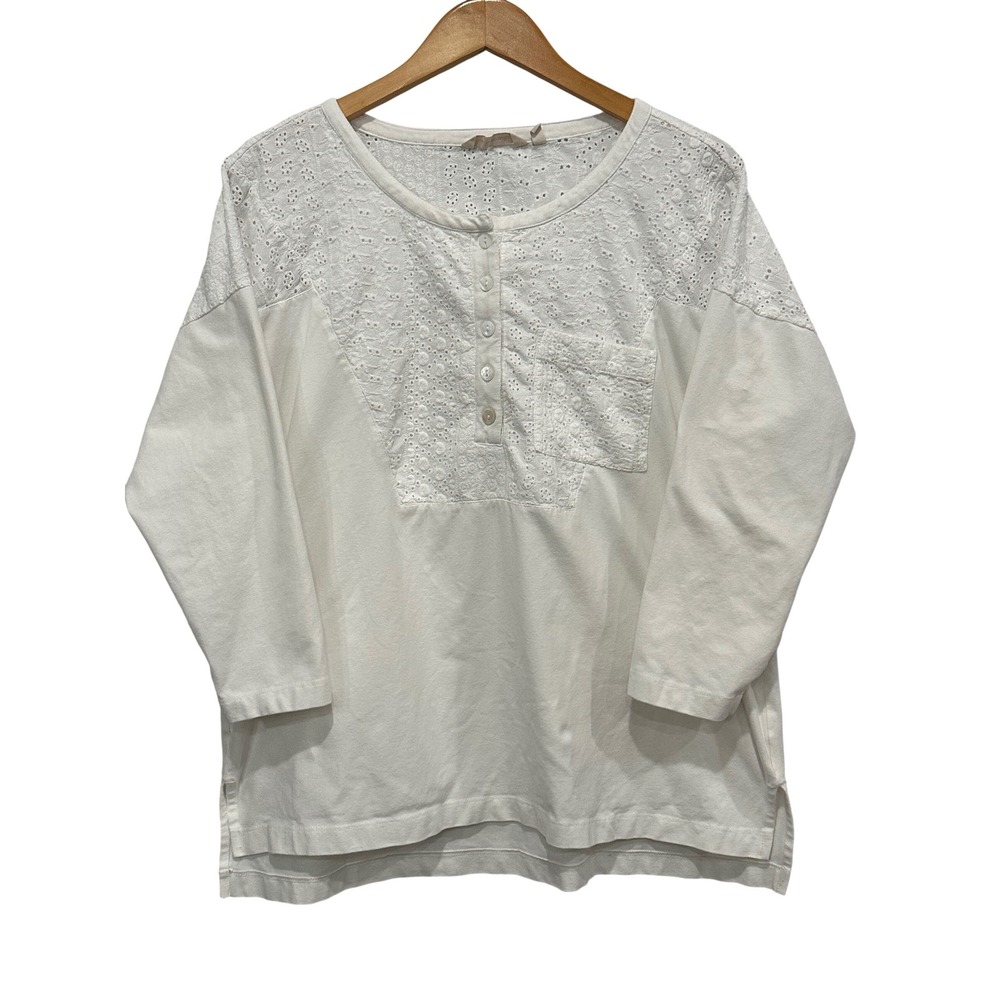 Soft Surroundings White Soft Stretch Eyelet Lace Henley Top 3/4 Sleeve PXL